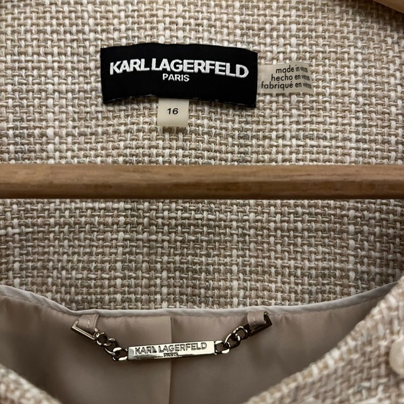 Karl Lagerfeld Size 16 Cream Beige Tweed Bracelet Sleeve Blazer Pearl Collar - Picture 4 of 6